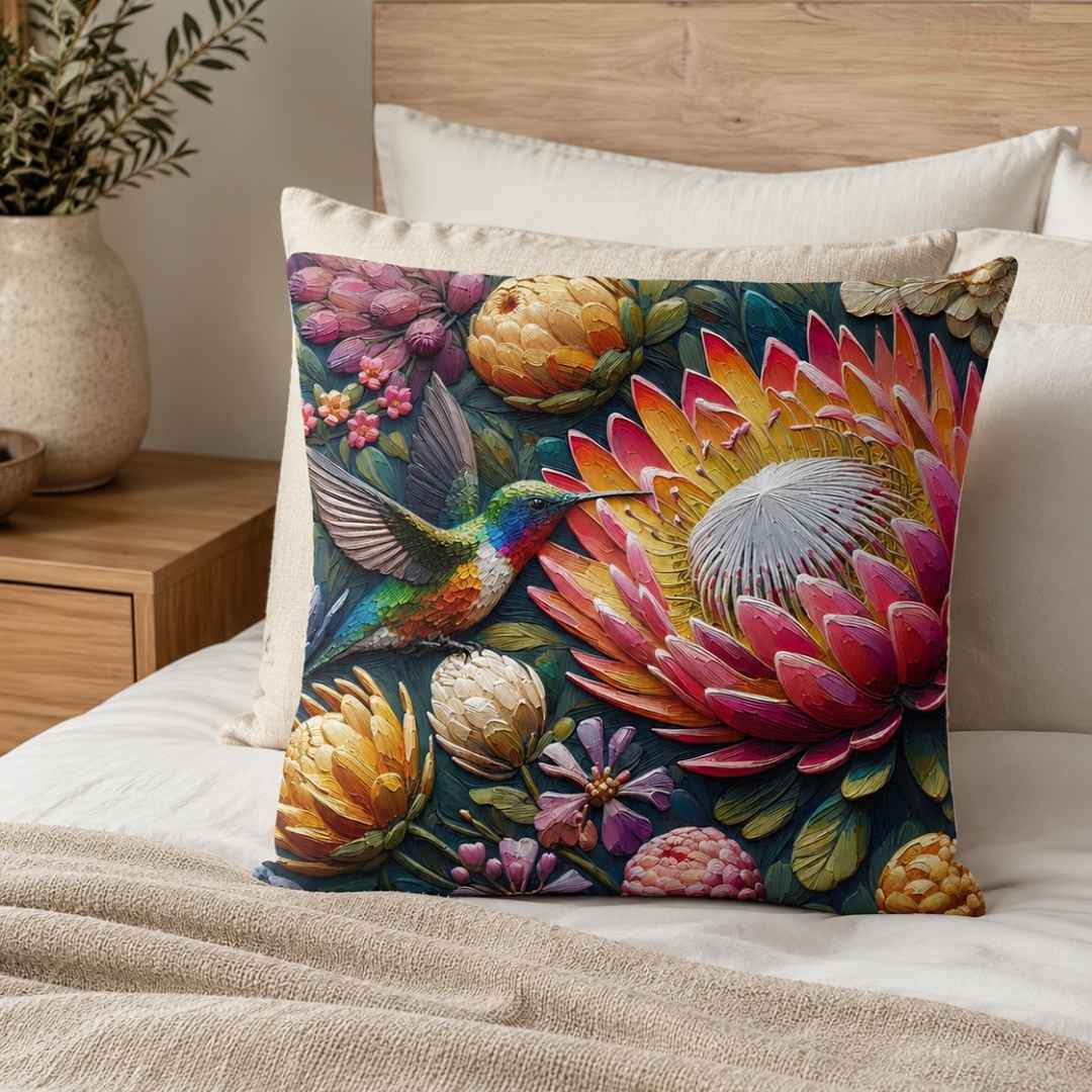 Square cotton scatter cushion cover with pink protea and hummingbird design on wooden bench
