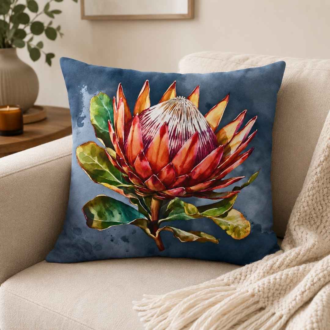 King Protea velvet scatter cushion cover with red and orange floral design in a South African living room