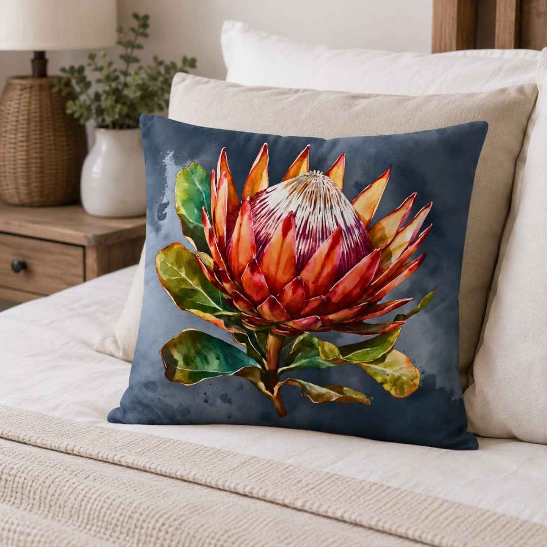 Red King Protea velvet cushion displayed on a neutral bedroom bed
