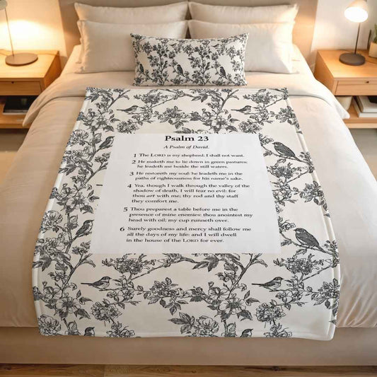 English Psalm 23 fleece blanket and matching cotton pillowcase set