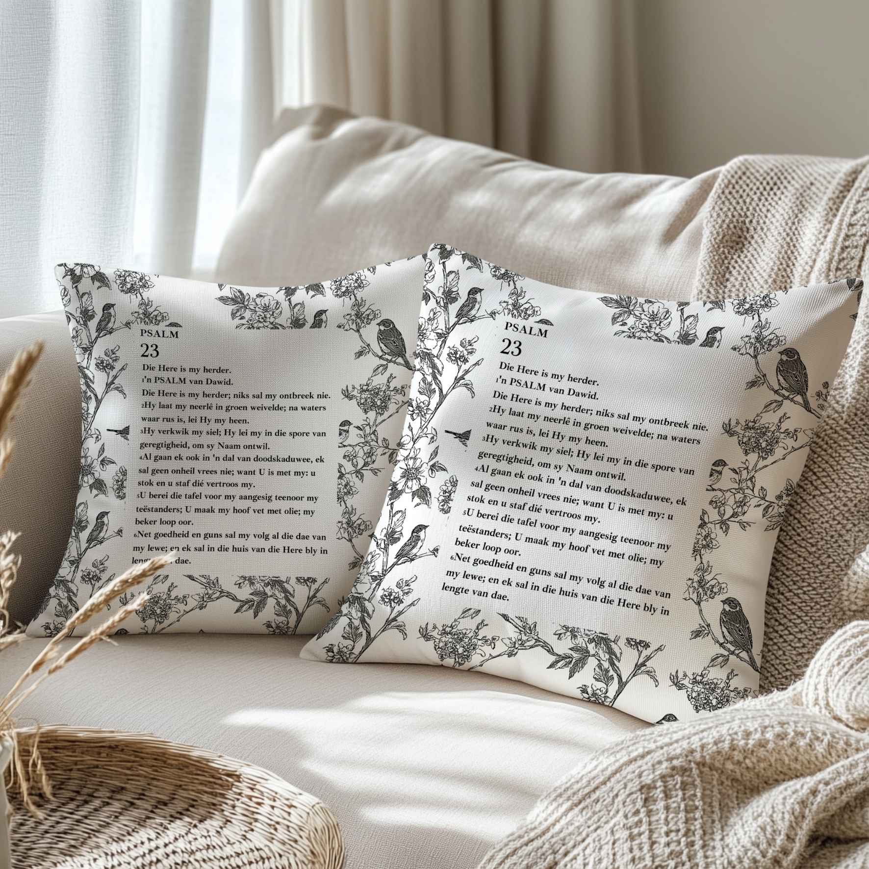 Cotton scatter cushion cover featuring Psalm 23 in Afrikaans, with black botanical and bird illustrations for Christian bedding.