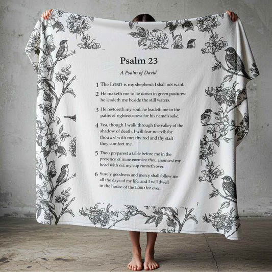 English Psalm 23 lightweight fleece throw blanket with black floral and bird illustrations, Christian bedding in South Africa.