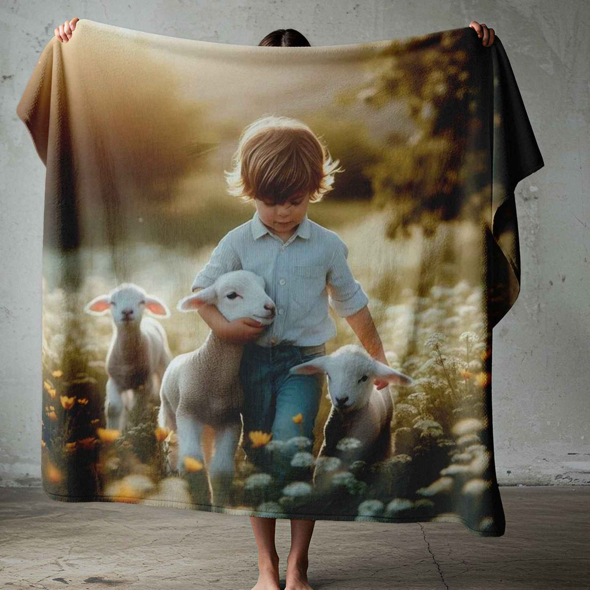 Christian kids blanket inspired by Psalm 23 with shepherd boy and lambs, kids bedding South Africa