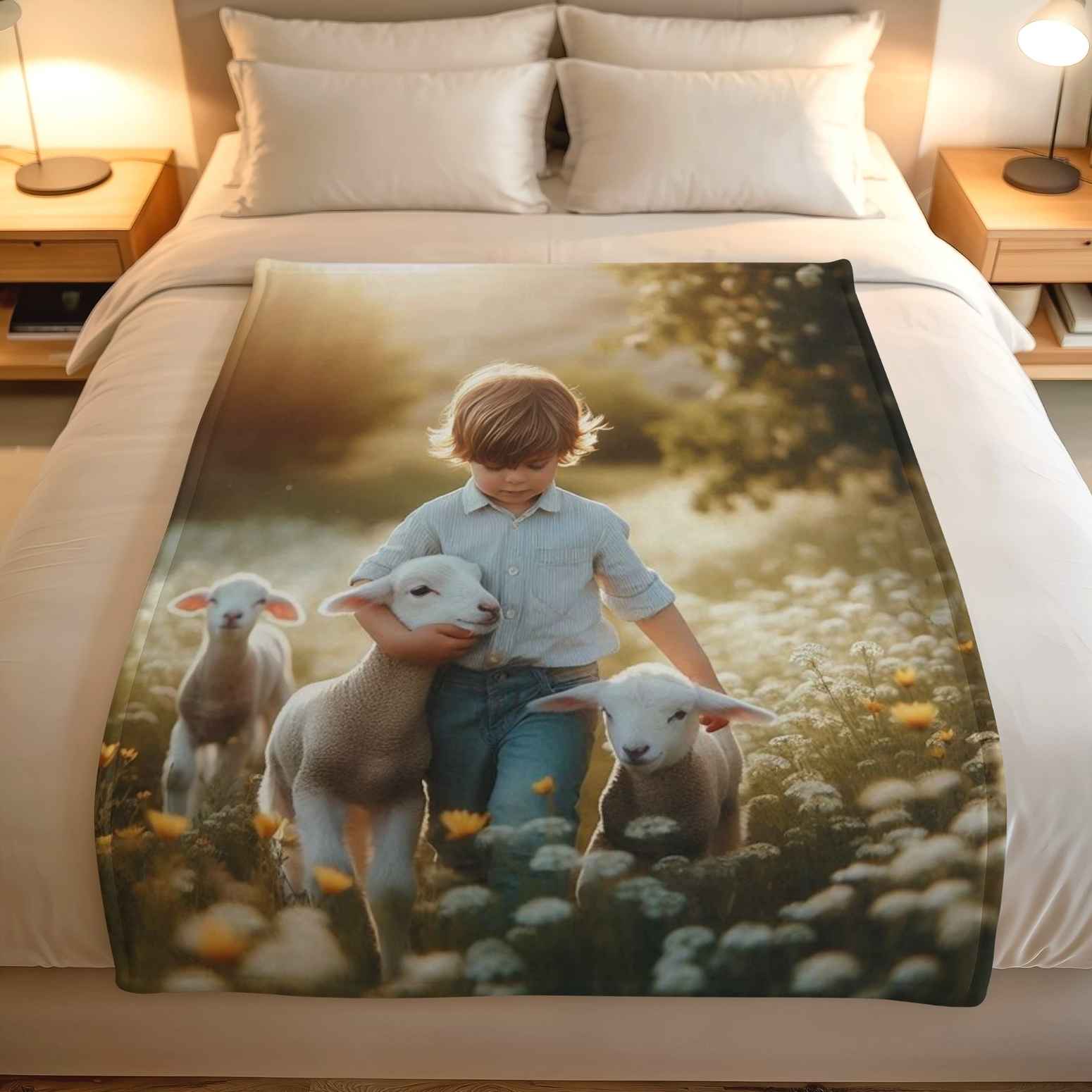 Psalm 23 kids fleece blanket with shepherd boy and lambs, Christian kids bedding South Africa