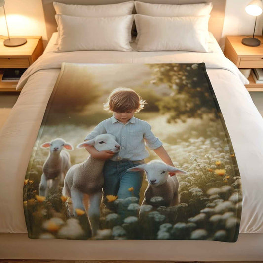 Psalm 23 kids fleece blanket with shepherd boy and lambs, Christian kids bedding South Africa