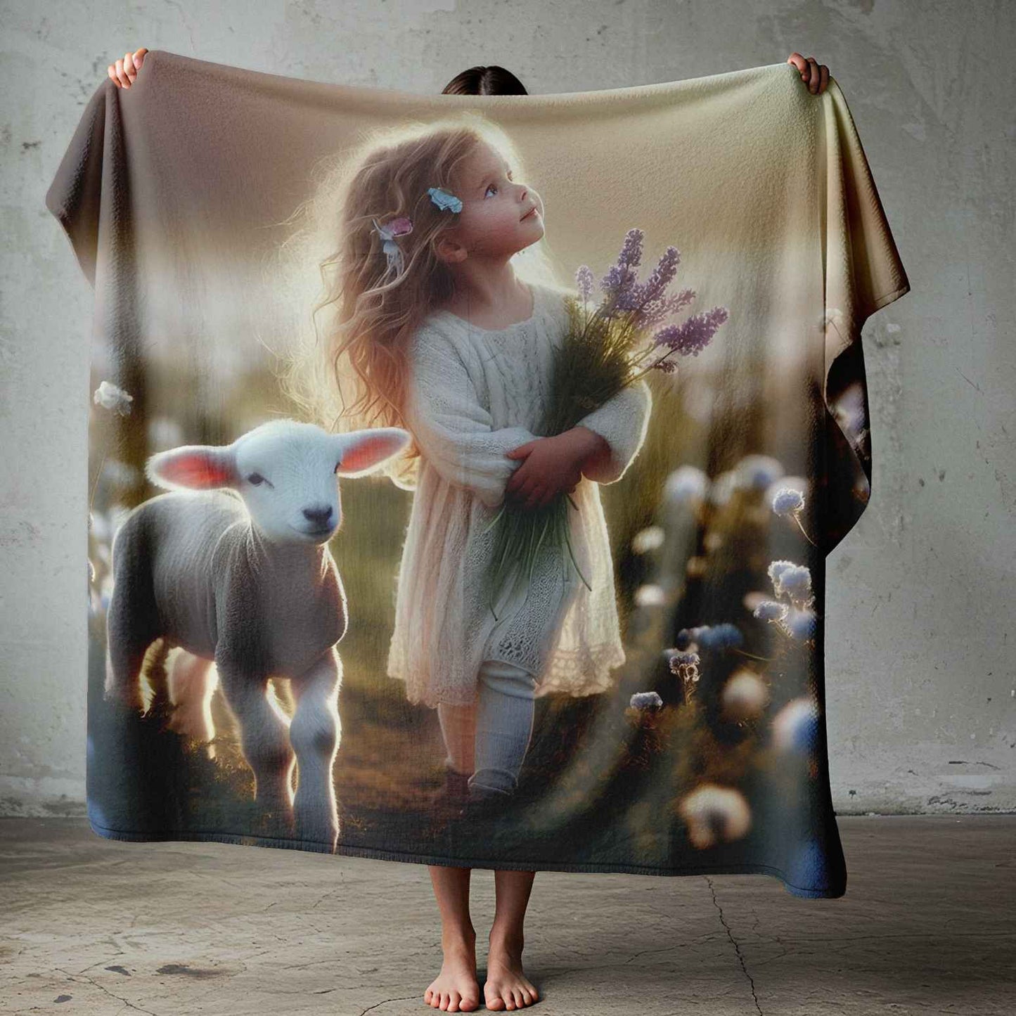 Psalm 23 kids fleece blanket with little girl and lamb in soft floral field, Christian kids bedding South Africa
