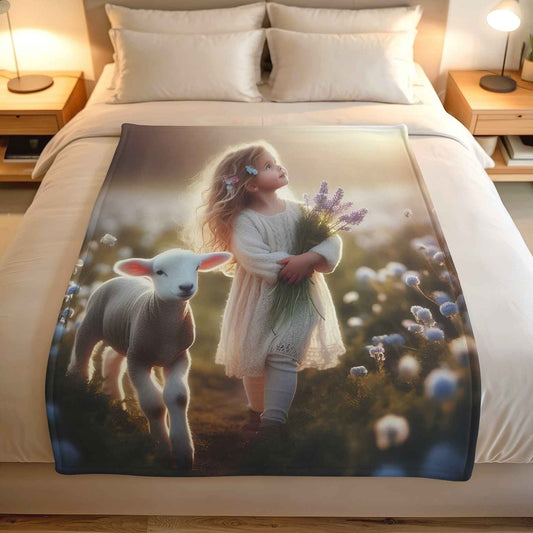 Christian kids fleece blanket featuring a little girl, lamb and Psalm 23 design, South Africa