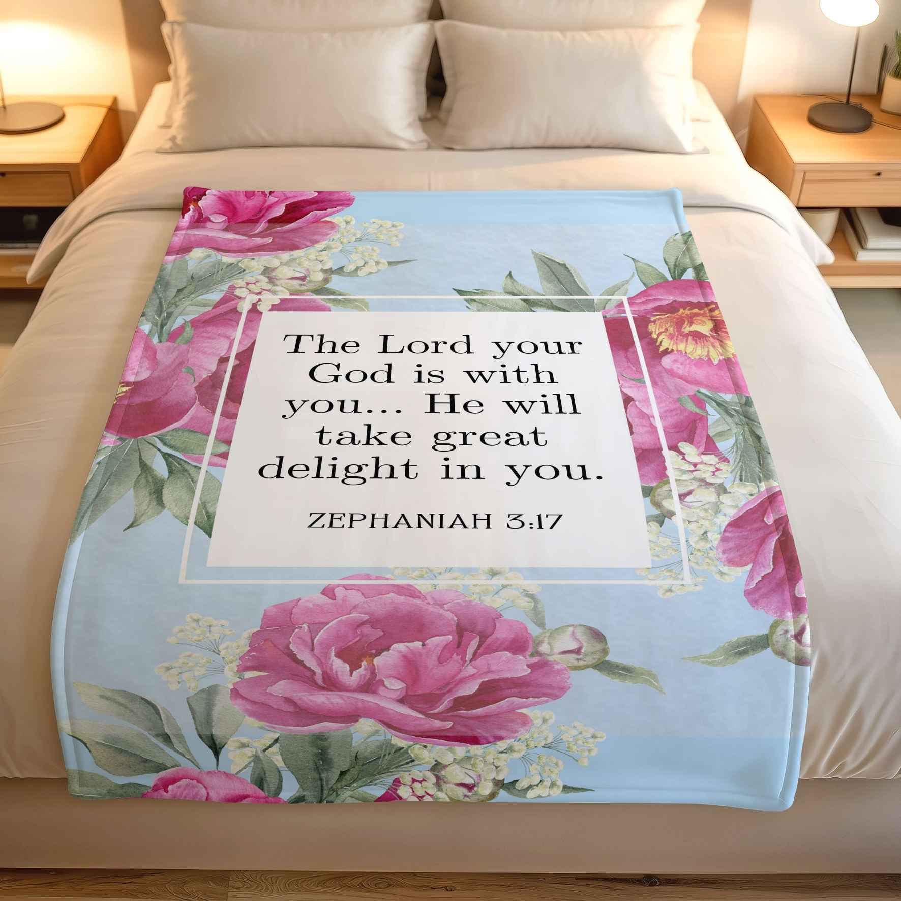 Pink floral Christian blanket featuring Zephaniah 3:17, lightweight fleece throw blanket for faith-inspired bedroom décor and gifting.
