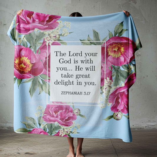 Christian fleece blanket with pink floral design and Zephaniah 3:17 Bible verse, faith-inspired bedding and gift in South Africa.
