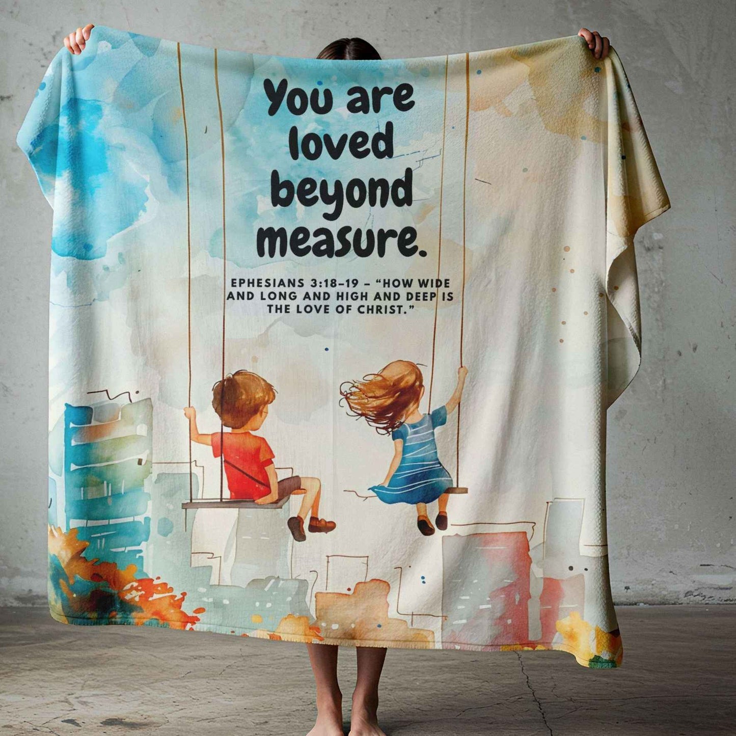 Christian kids fleece blanket South Africa with Ephesians 3:18-19 scripture, colourful watercolor design and children on swings