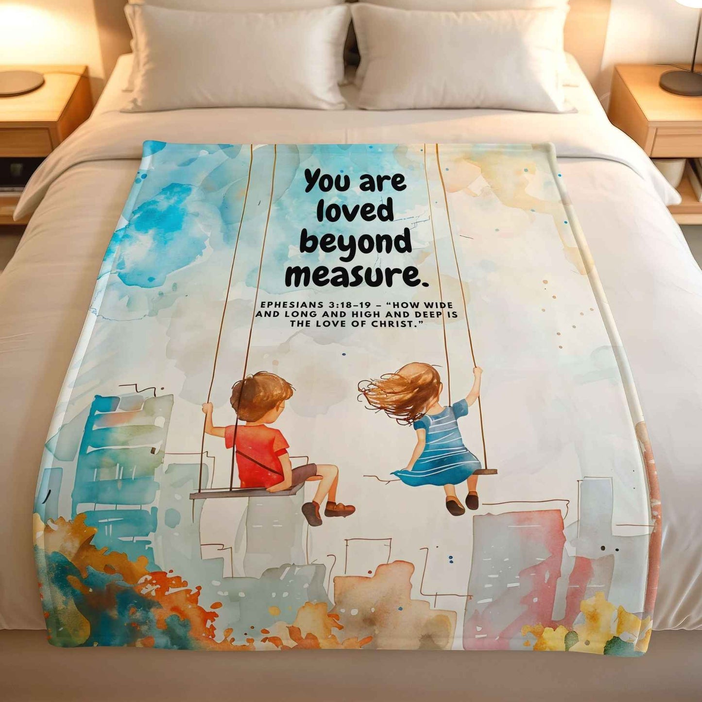 Faith-based kids bedding featuring You Are Loved Beyond Measure Bible verse on a lightweight fleece blanket for children