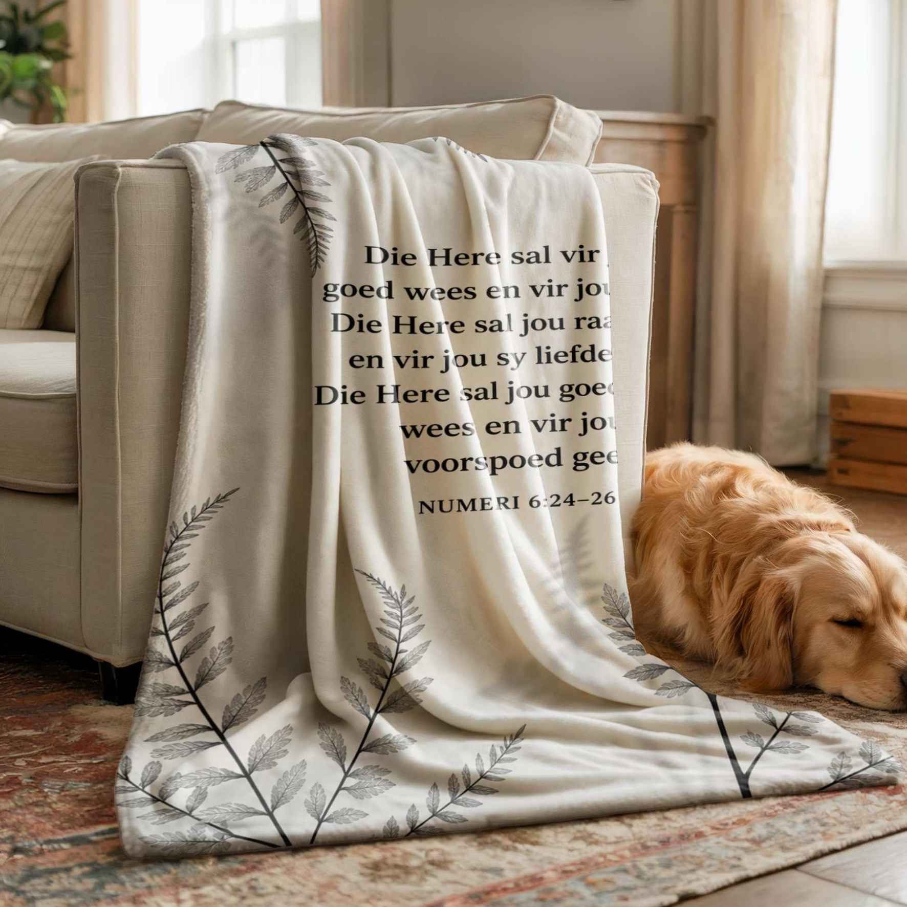 Black-and-white botanical faith blanket artwork displaying the Afrikaans blessing from Numeri 6:24–26 in clear, easy-to-read lettering.
