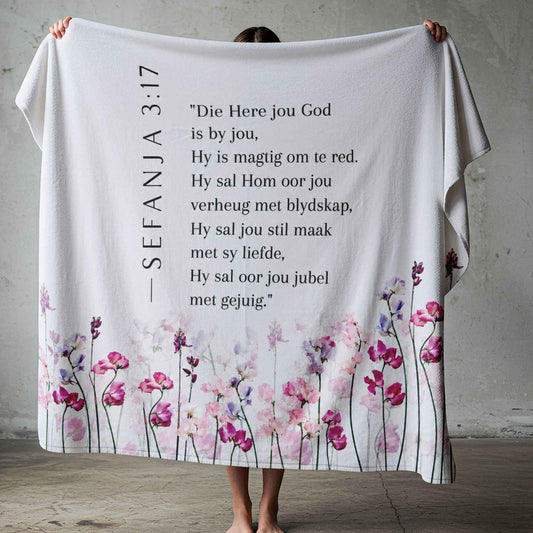 Square Afrikaans Bible verse blanket featuring Sefanja 3:17