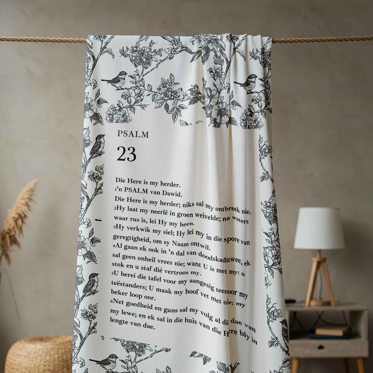 Faith blanket South Africa with Psalm 23 and bird line art. Christian bedding South Africa