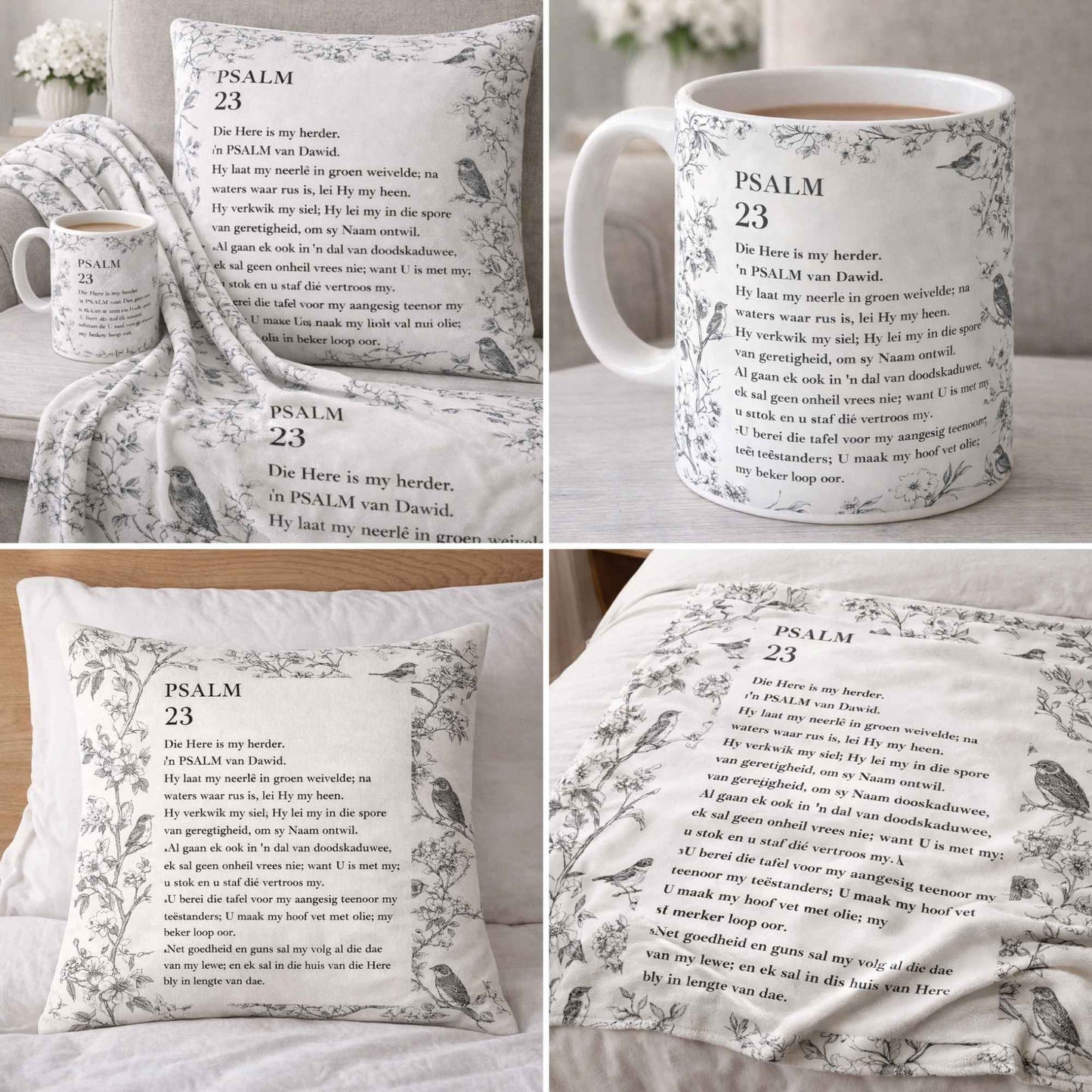  Psalm 23-themed products including a mug, pillow, and blanket. Afrikaans 