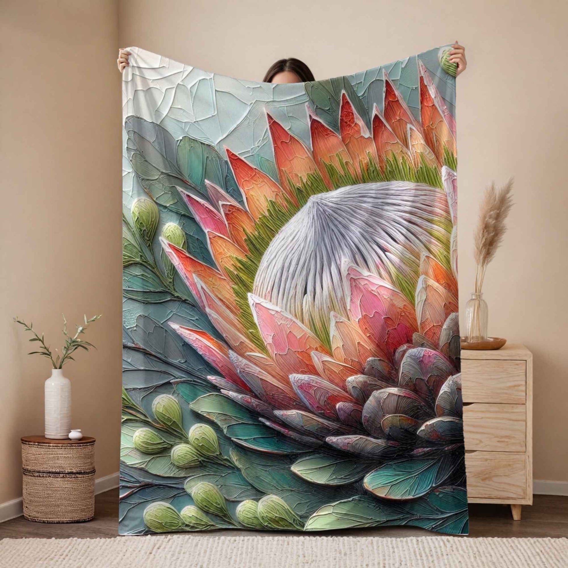 Protea fleece blanket South Africa, soft lightweight coral fleece throw with botanical protea design on neutral bed