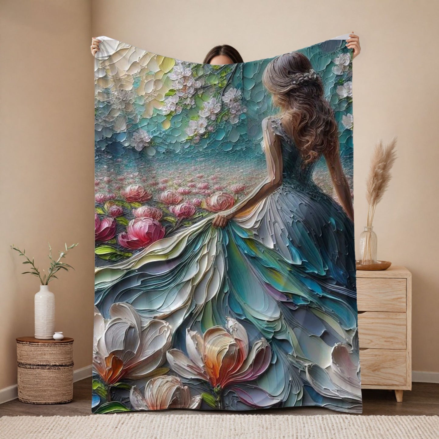 Soft fleece blanket throw South Africa with elegant floral design, lightweight coral fleece blanket on bed neutral bedroom