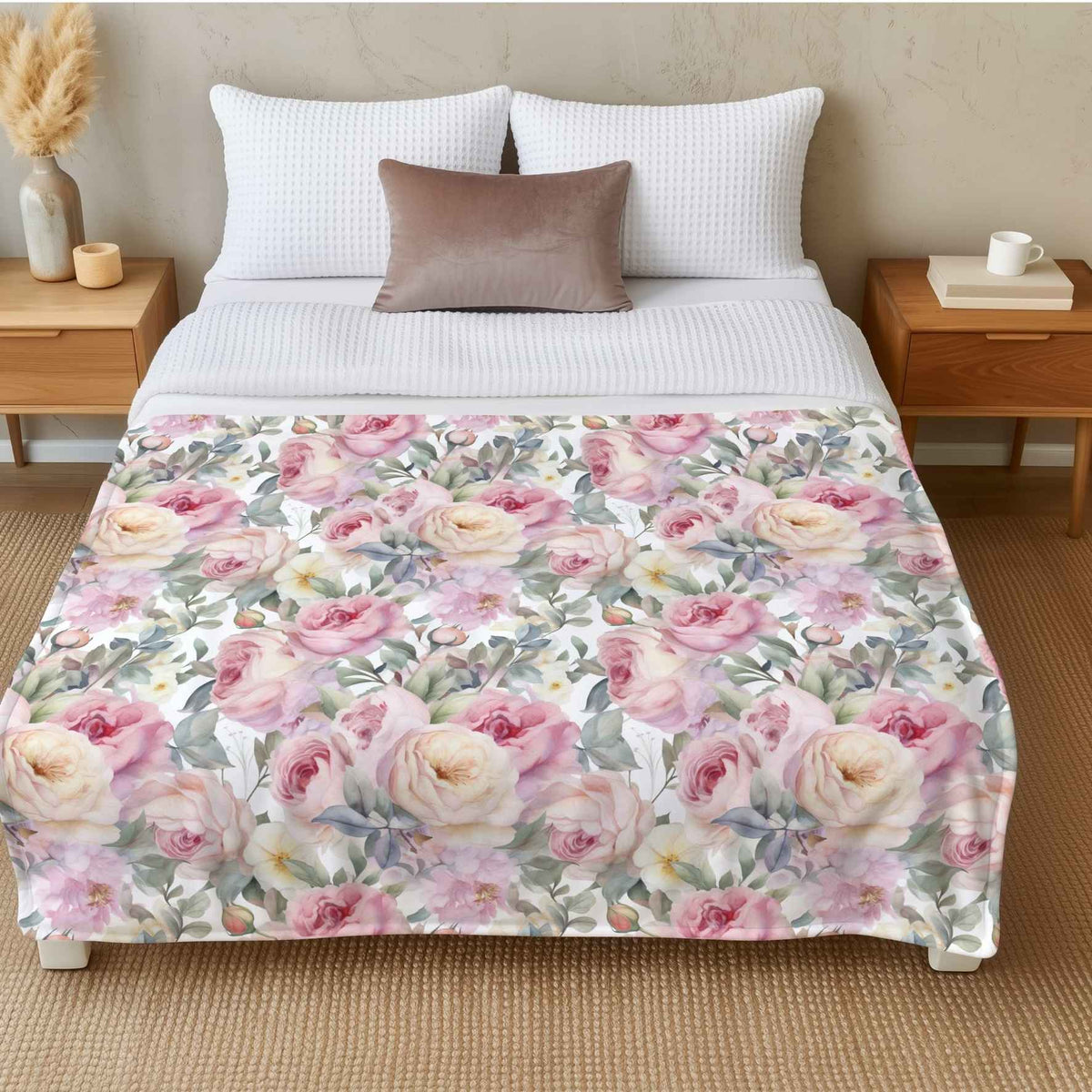 Pink rose floral coral fleece throw blanket, a lightweight decorative blanket for beds and sofas in South Africa.