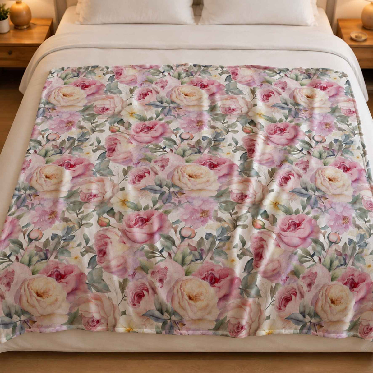Pink floral lightweight coral fleece blanket with soft roses and botanical leaves, styled on a bed in South Africa.
