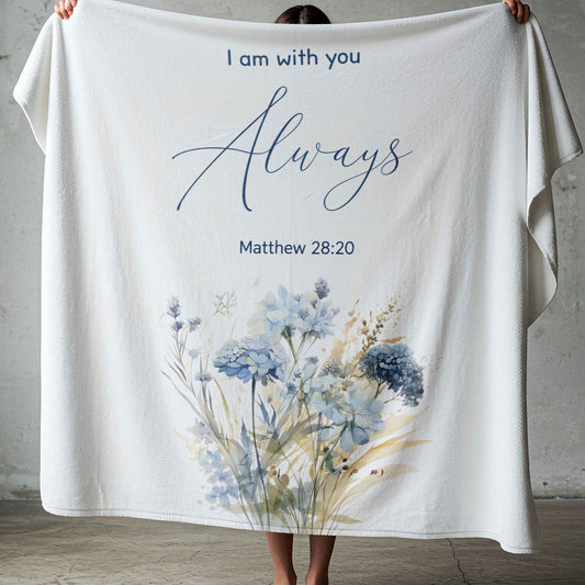 Christian fleece blanket with Matthew 28:20 scripture and soft blue floral design