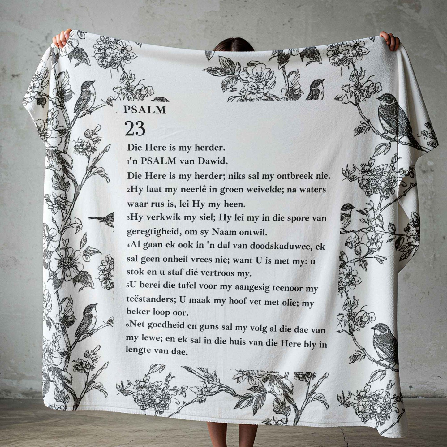 Psalm 23 faith blanket with black and white botanical artwork