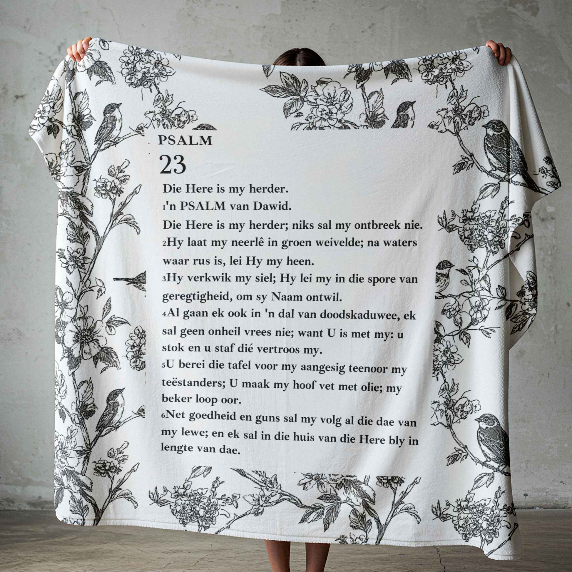 Psalm 23 faith blanket with black and white botanical artwork