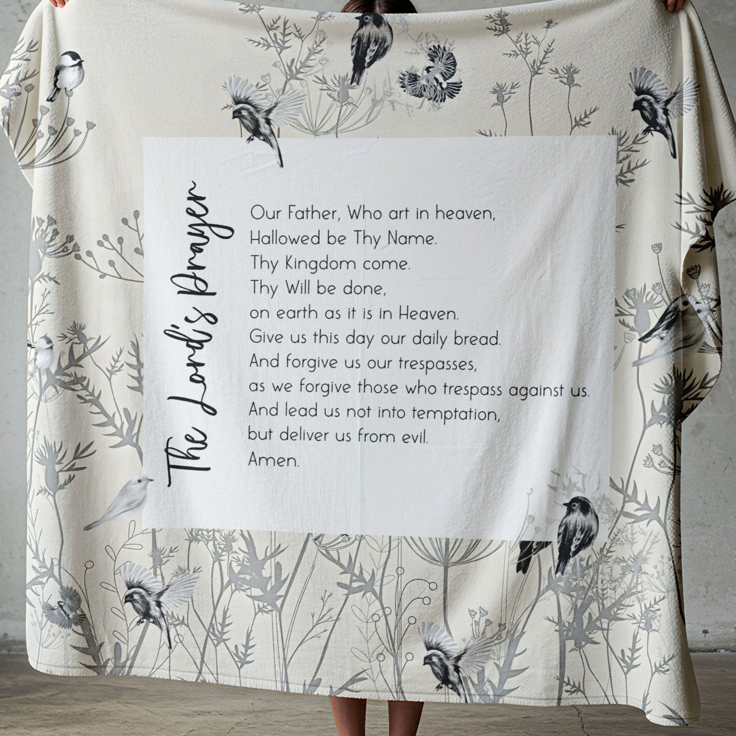 The Lord’s Prayer lightweight fleece blanket with soft botanical bird design, Christian gift in South Africa