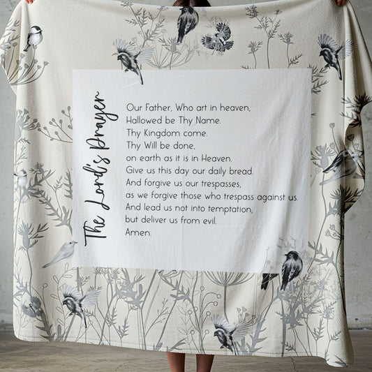 The Lord’s Prayer lightweight fleece blanket with soft botanical bird design, Christian gift in South Africa