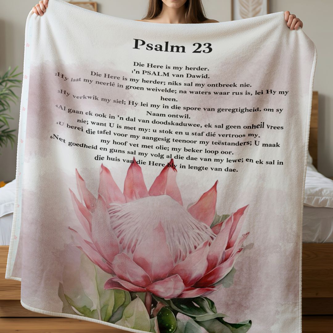 Protea faith blanket with Afrikaans Psalm 23 scripture, printed fleece front and fluffy white backing