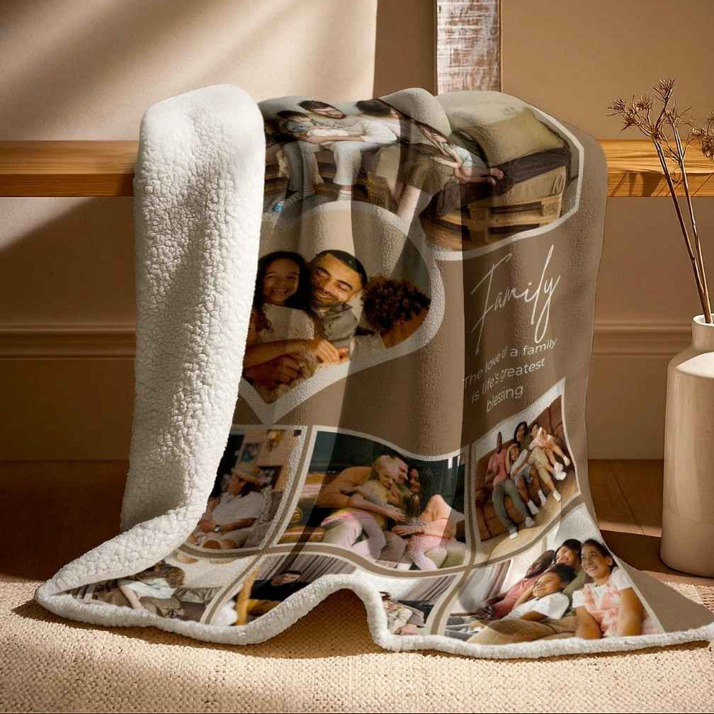 Personalised double-layer fleece photo blanket with family photos, custom printed in South Africa