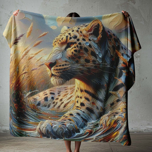 Leopard lightweight fleece throw blanket with detailed wildlife artwork, 1.5 × 1.5 m, ready to ship in South Africa.