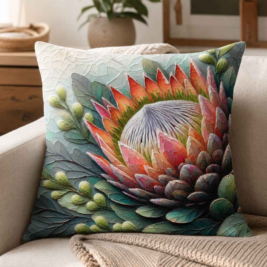 Protea Bloom cotton scatter cushion cover displayed on a neutral sofa in a South African home