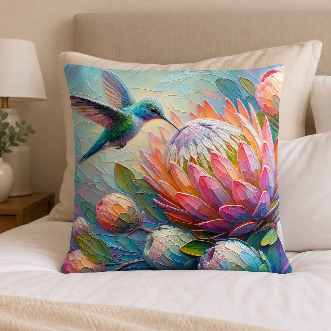 Square cotton scatter cushion featuring pink proteas and a turquoise hummingbird on a wooden bench