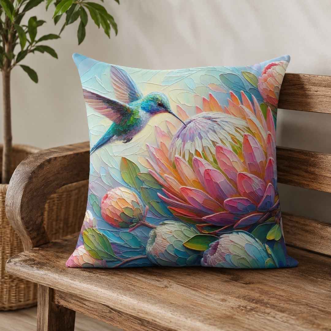Colourful protea flower and hummingbird scatter cushion cover by Lily Grace Design South Africa