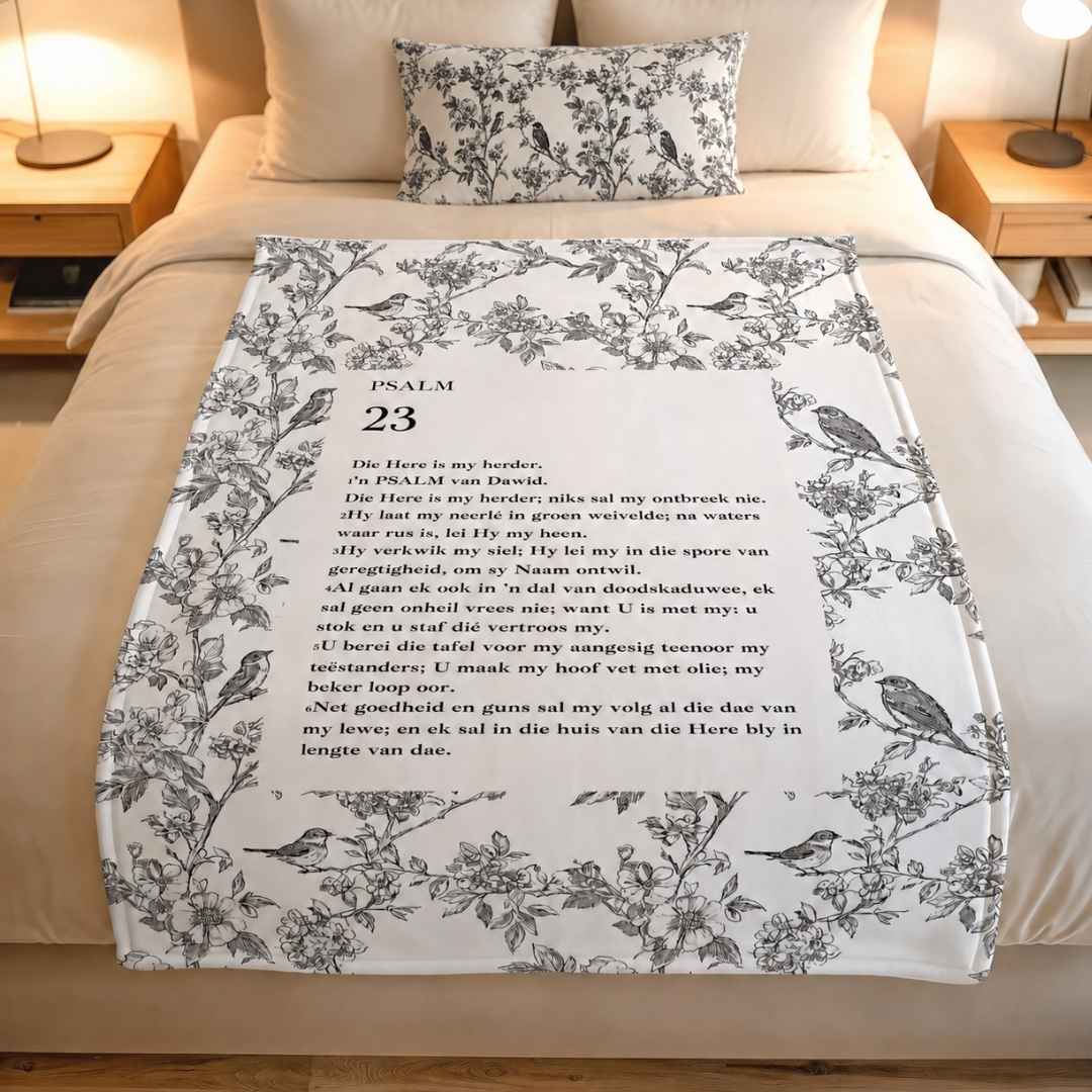 Mossies Psalm 23 fleece blanket and matching cotton pillowcase set on a bed