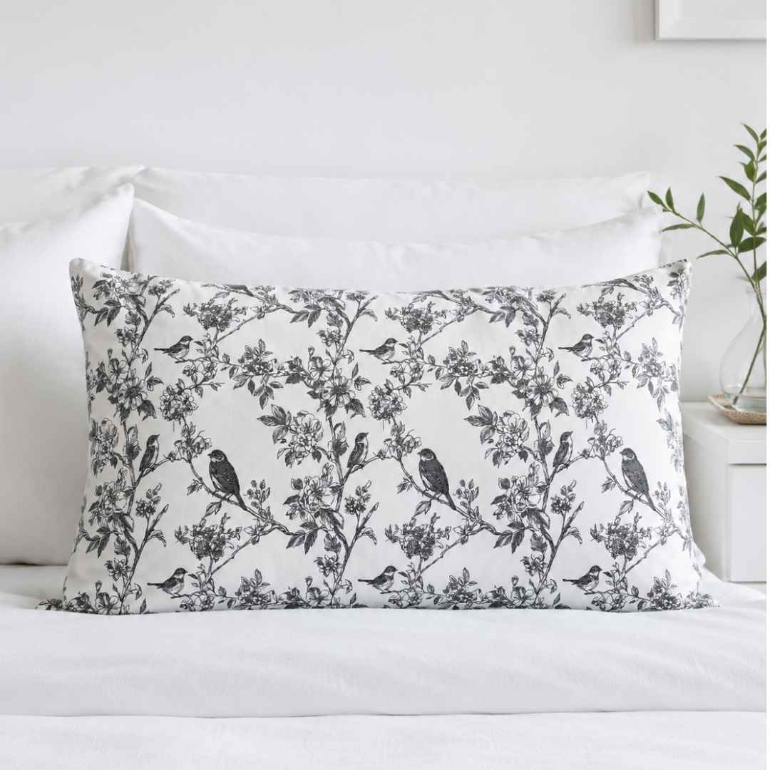 Afrikaans Psalm 23 blanket with black botanical bird print and matching pillowcase