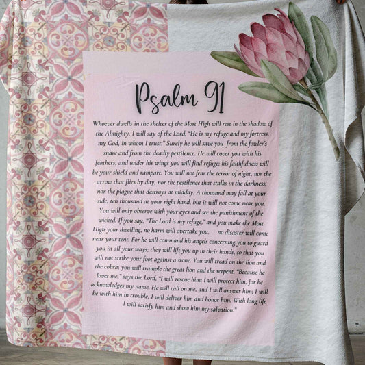 English Psalm 91 faith blanket with soft pink protea design, printed on lightweight fleece in South Africa.