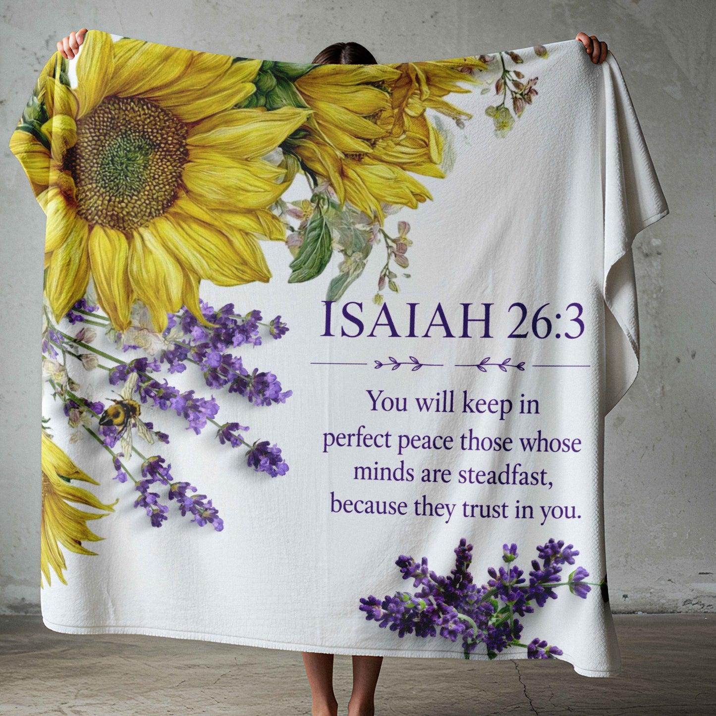 Isaiah 26:3 lightweight Christian fleece blanket with sunflower and lavender floral design on a white background, soft throw blanket made in South Africa by Lily Grace Design.