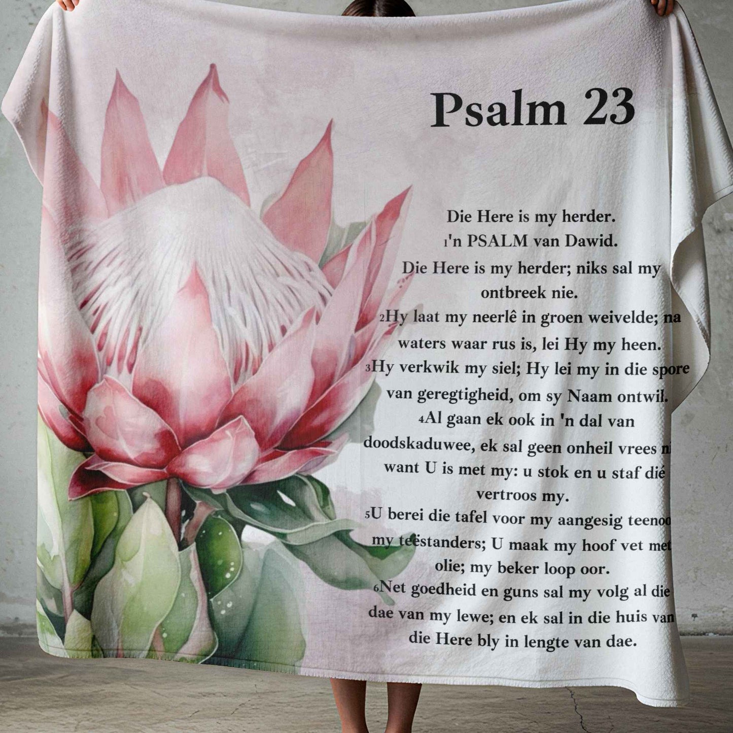 Afrikaans Psalm 23 lightweight fleece blanket with blush protea floral design, made to order in South Africa