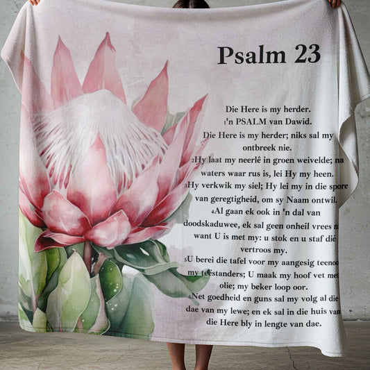 Afrikaans Psalm 23 lightweight fleece blanket with blush protea floral design, made to order in South Africa
