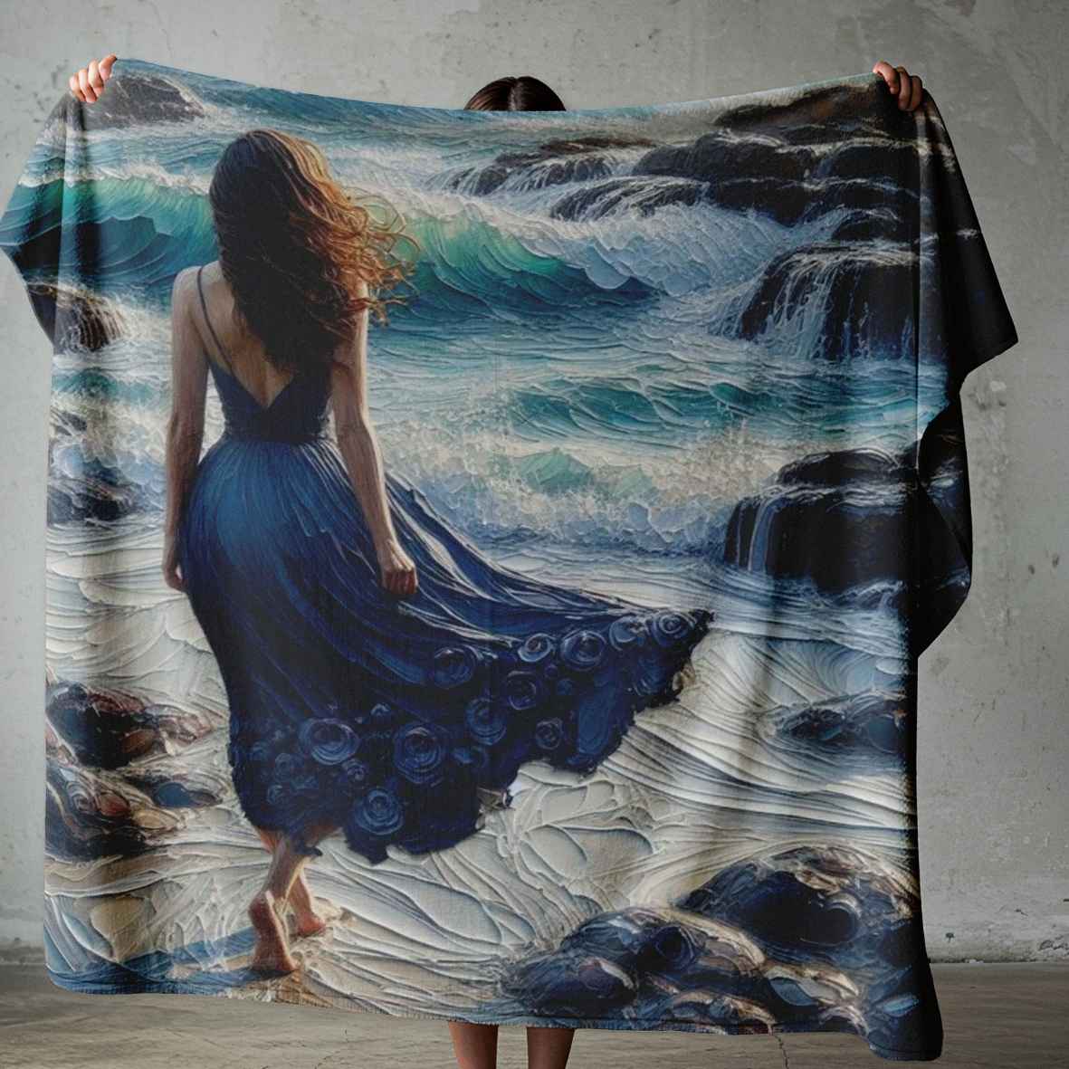 Ocean Grace double-layer fleece blanket with blue ocean wave artwork exclusive to Lily Grace Design