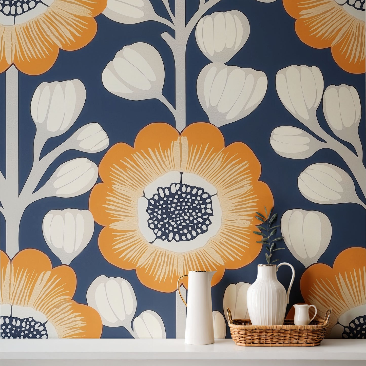 Modern blue floral wallpaper