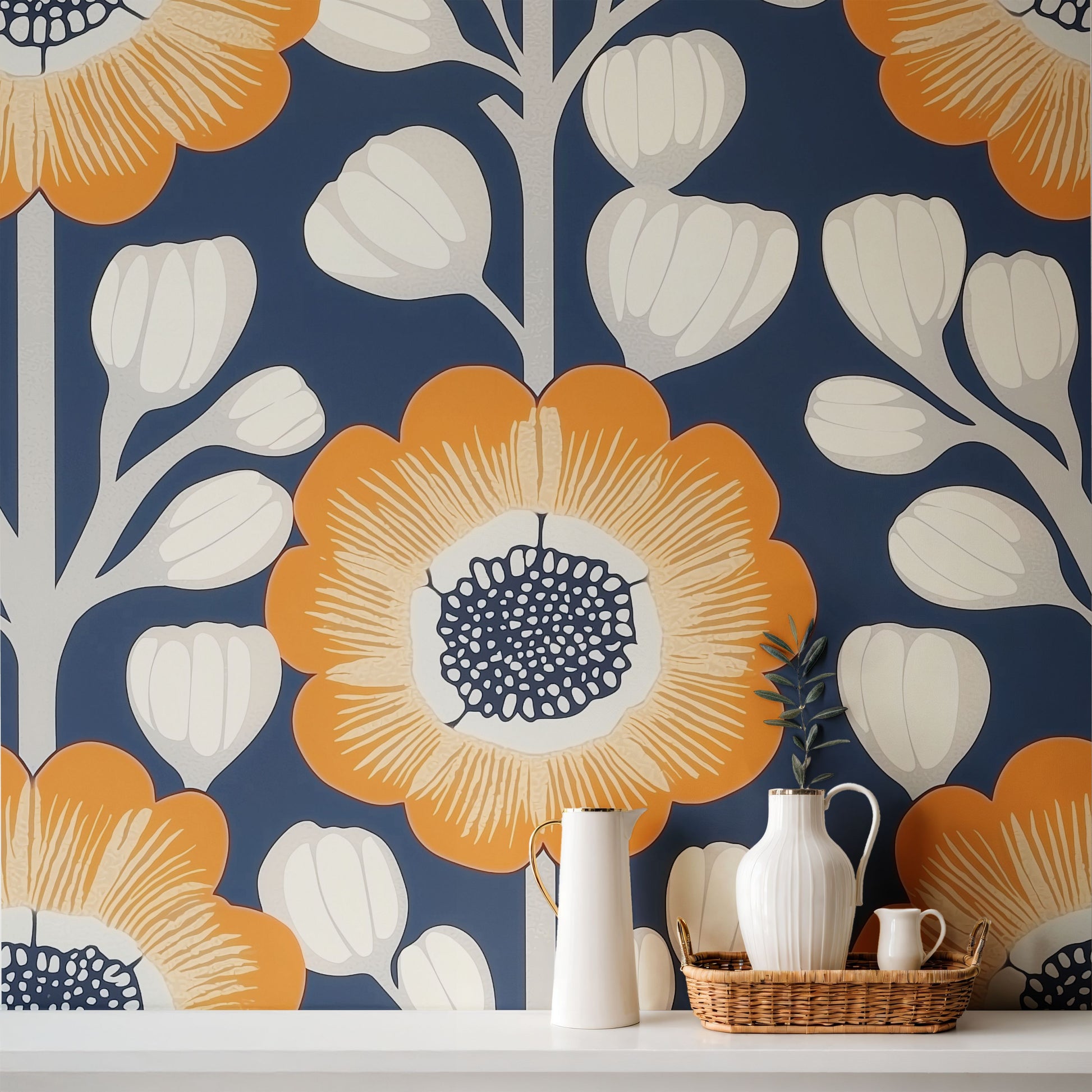 Modern blue floral wallpaper