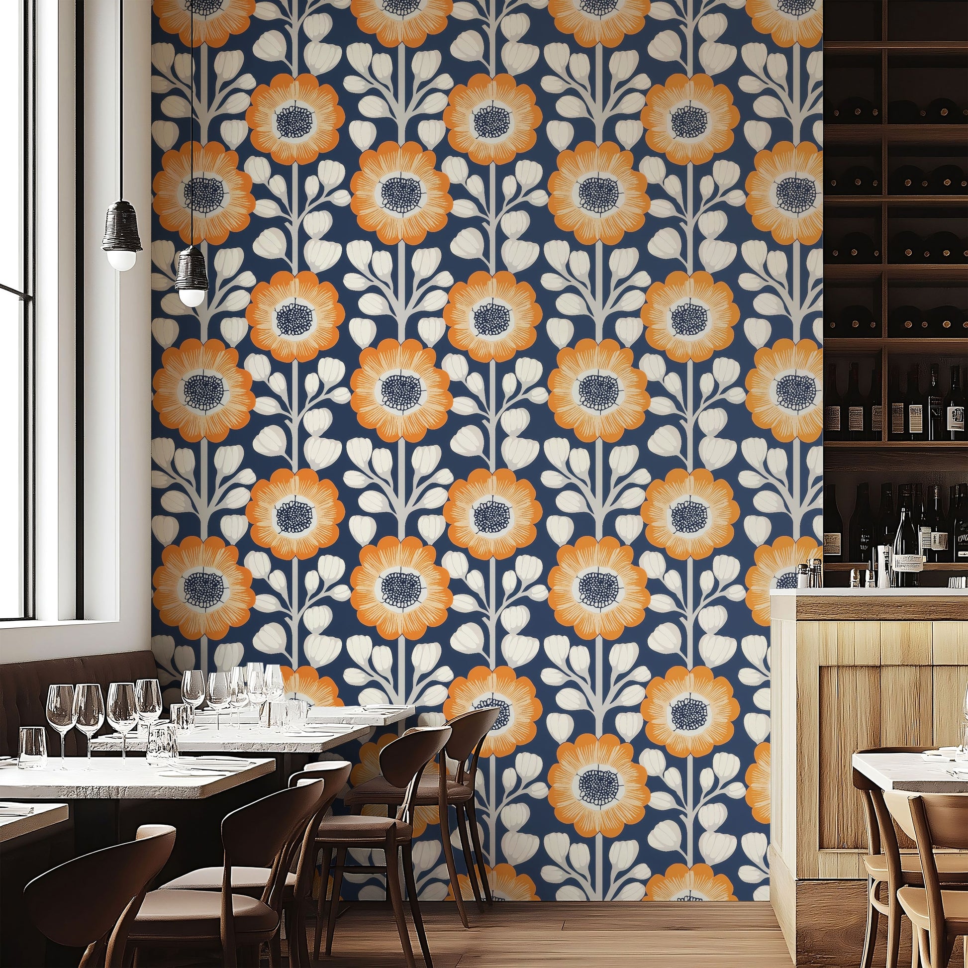Modern blue floral wallpaper