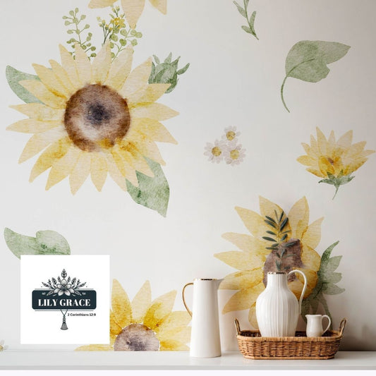 Waterclour sunflower wallpaper statement wall