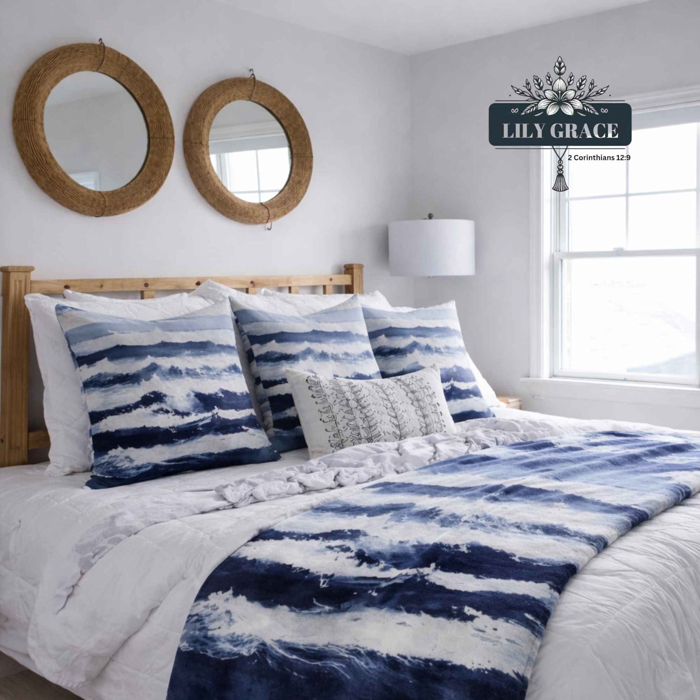 Blue waves scatter cushion cover in blue and white cotton, shown front view on white background