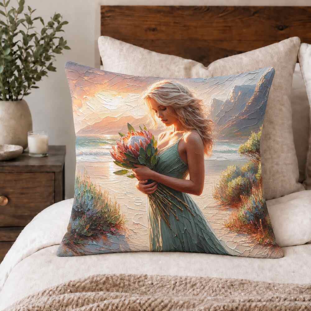 Coastal protea woman scatter cushion displayed on a neutral bed by Lily Grace Design South Africa.