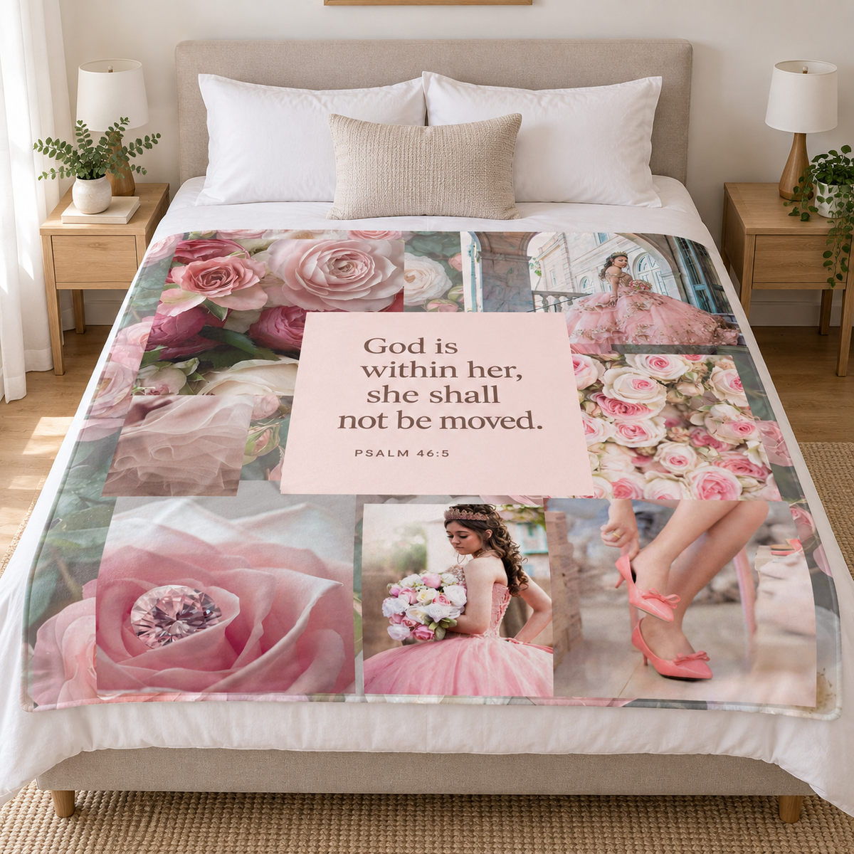 God is Within Her – Faith fleece Blanket and pink scatter cushion
