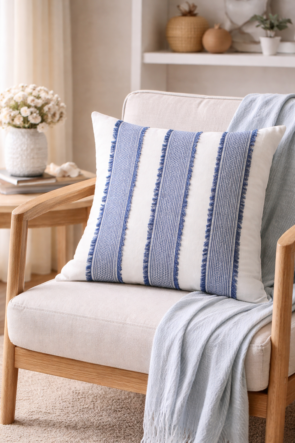 Blue cushion with stripe design and cotton backing photographed in a calm living room setting