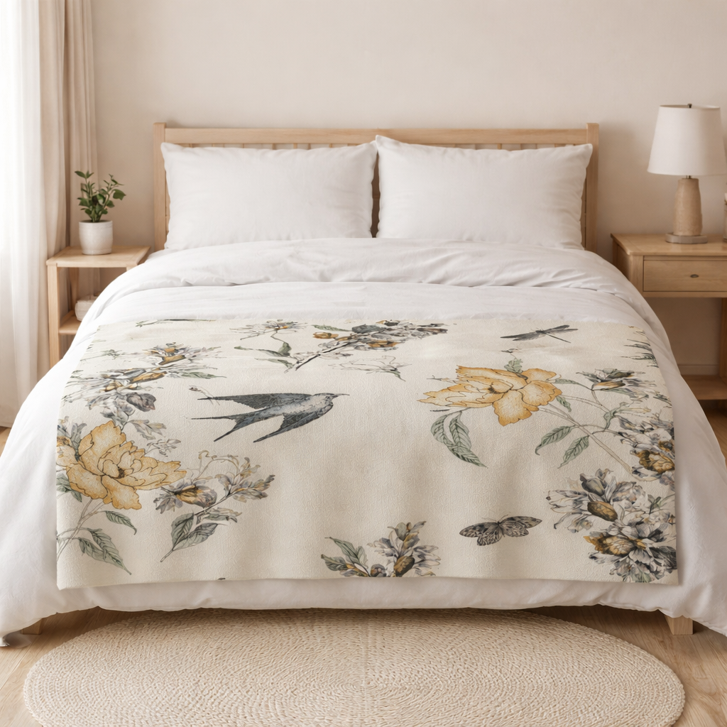 Botanical fleece throw blanket with bird and floral design across the foot of a bed, lightweight decorative throw blanket for home decor South Africa